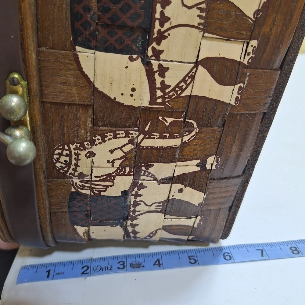 Vintage Caro-Nan Style Woven Wood Basket Purse Elephant Box Handbag Wooden Picni
